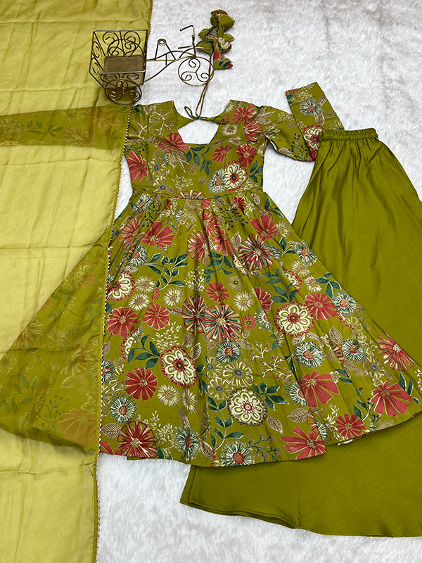 Mahendi Roman Silk Printed Kediya Kurta With Flair Palazzo Dupatta Set