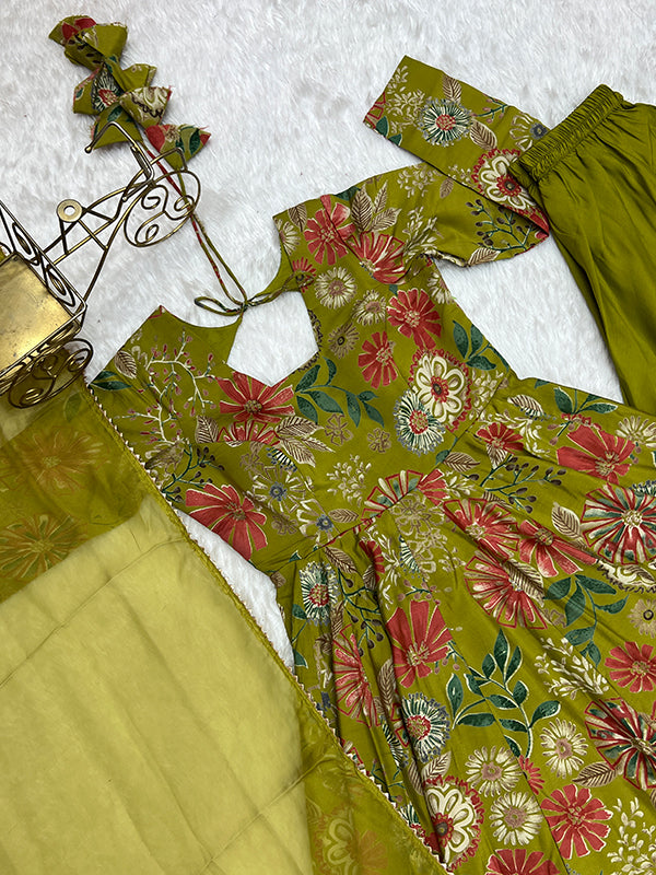 Mahendi Roman Silk Printed Kediya Kurta With Flair Palazzo Dupatta Set