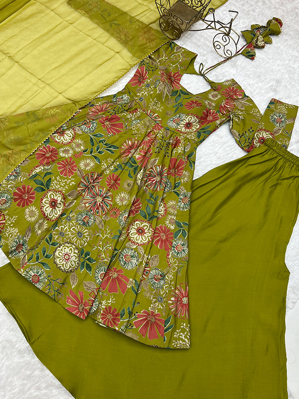 Mahendi Roman Silk Printed Kediya Kurta With Flair Palazzo Dupatta Set