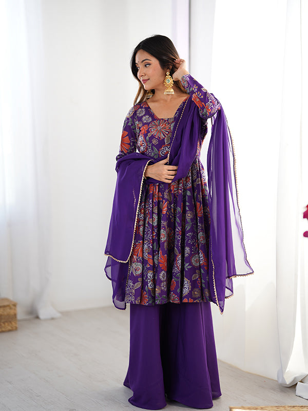 Purple Roman Silk Printed Kediya Kurta With Flair Palazzo Dupatta Set