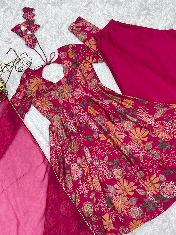 Rani Pink Roman Silk Printed Kediya Kurta With Flair Palazzo Dupatta Set