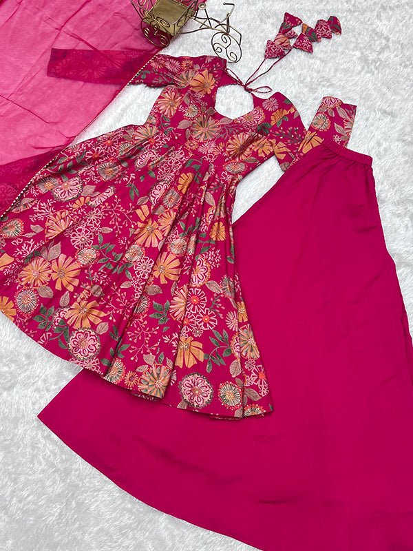 Rani Pink Roman Silk Printed Kediya Kurta With Flair Palazzo Dupatta Set