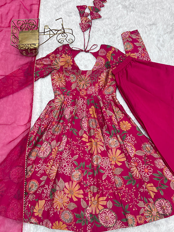 Rani Pink Roman Silk Printed Kediya Kurta With Flair Palazzo Dupatta Set