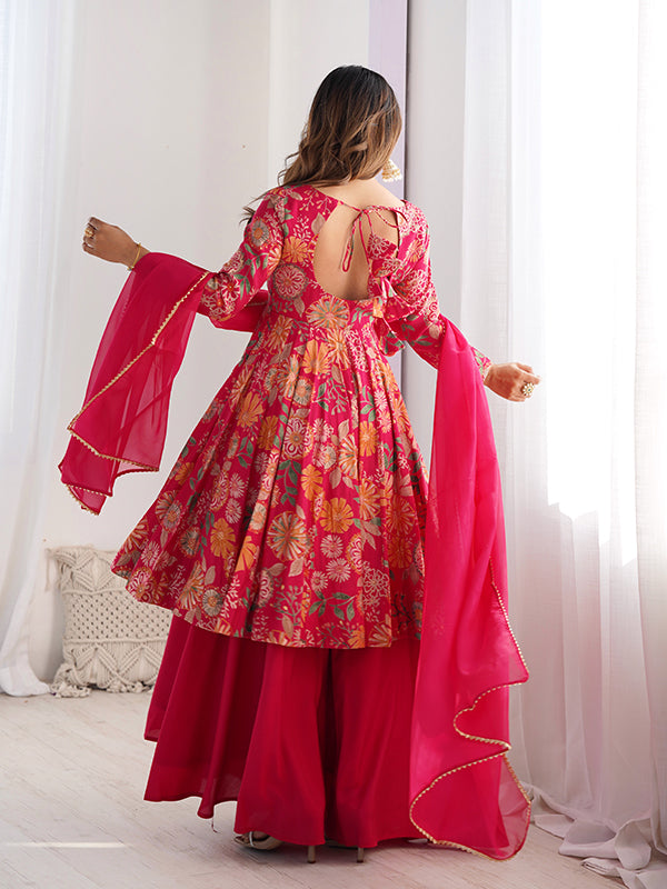 Rani Pink Roman Silk Printed Kediya Kurta With Flair Palazzo Dupatta Set