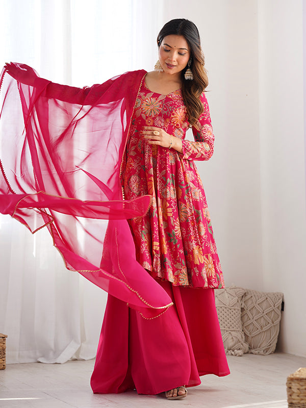 Rani Pink Roman Silk Printed Kediya Kurta With Flair Palazzo Dupatta Set