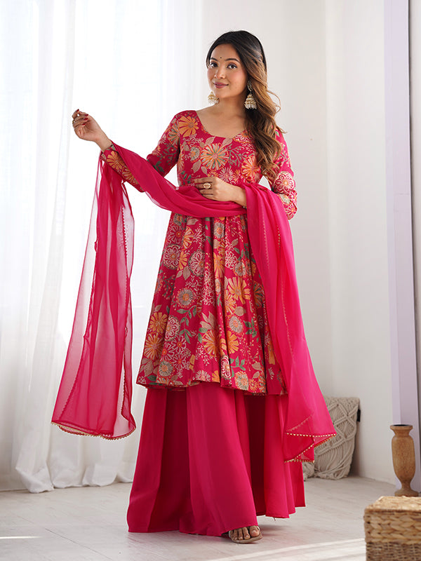 Rani Pink Roman Silk Printed Kediya Kurta With Flair Palazzo Dupatta Set