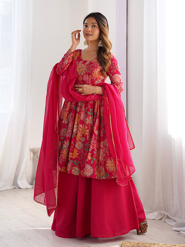 Rani Pink Roman Silk Printed Kediya Kurta With Flair Palazzo Dupatta Set