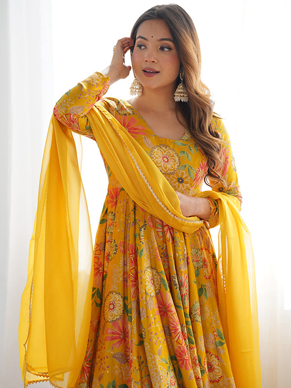 Yellow Roman Silk Printed Kediya Kurta With Flair Palazzo Dupatta Set