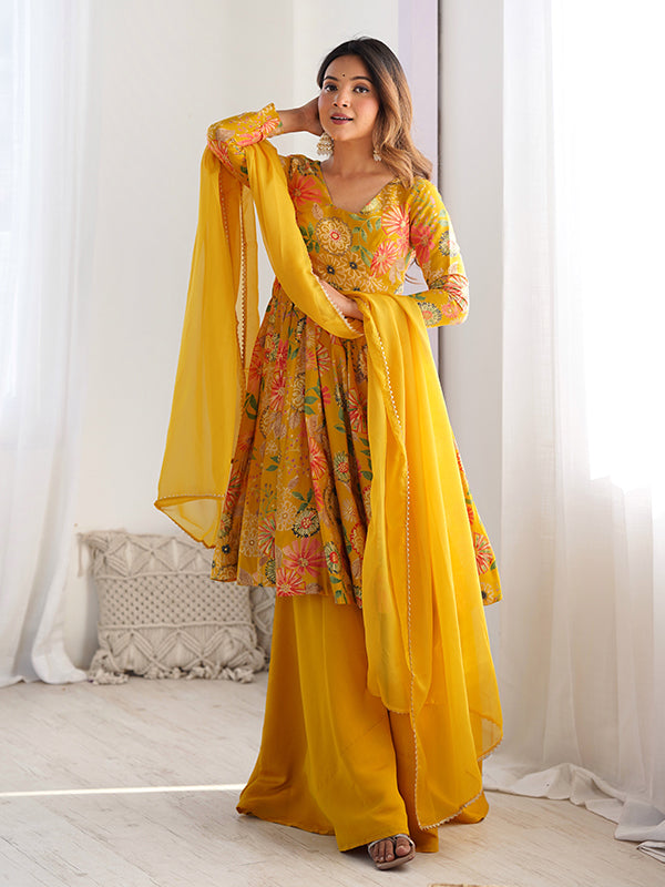 Yellow Roman Silk Printed Kediya Kurta With Flair Palazzo Dupatta Set