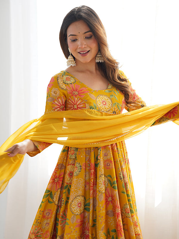 Yellow Roman Silk Printed Kediya Kurta With Flair Palazzo Dupatta Set