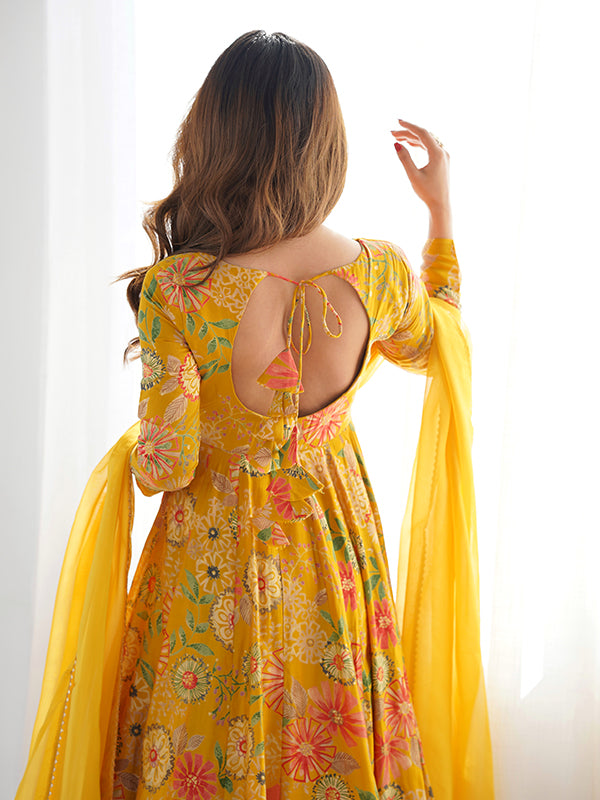 Yellow Roman Silk Printed Kediya Kurta With Flair Palazzo Dupatta Set