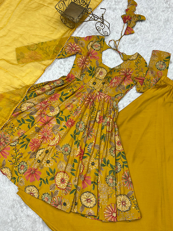 Yellow Roman Silk Printed Kediya Kurta With Flair Palazzo Dupatta Set