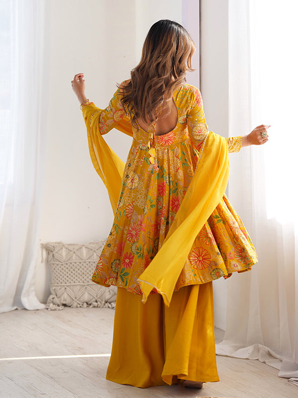 Yellow Roman Silk Printed Kediya Kurta With Flair Palazzo Dupatta Set