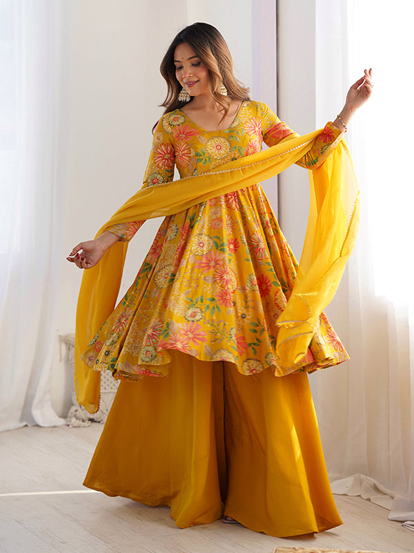 Yellow Roman Silk Printed Kediya Kurta With Flair Palazzo Dupatta Set