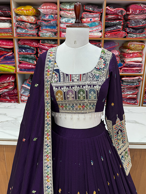 Purple Embroidered Silk Lehenga Choli With Dupatta
