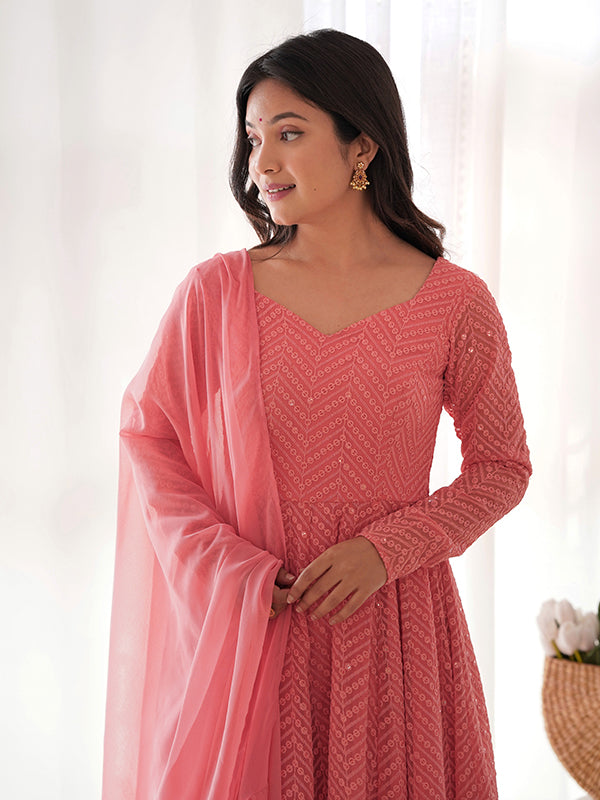 Lakhnavi Georgette Anarkali Gown With Pant & Dupatta Set