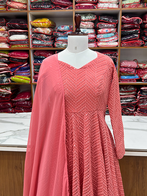 Lakhnavi Georgette Anarkali Gown With Pant & Dupatta Set