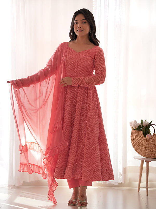 Lakhnavi Georgette Anarkali Gown With Pant & Dupatta Set