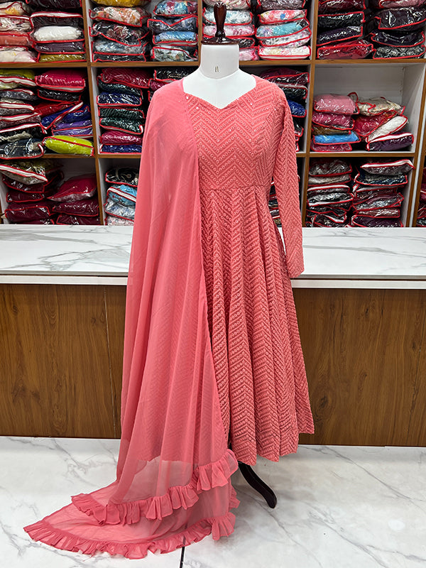 Lakhnavi Georgette Anarkali Gown With Pant & Dupatta Set
