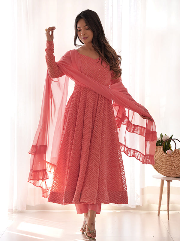 Lakhnavi Georgette Anarkali Gown With Pant & Dupatta Set