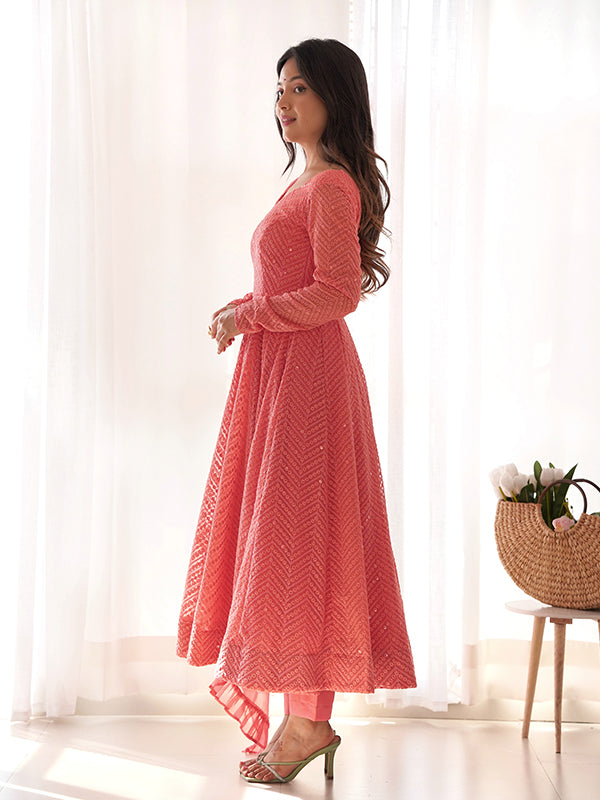 Lakhnavi Georgette Anarkali Gown With Pant & Dupatta Set