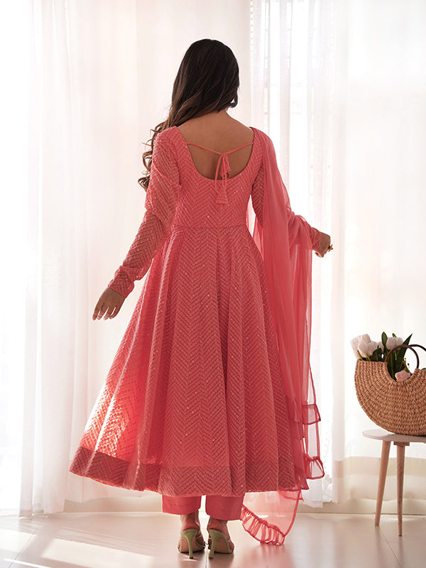Lakhnavi Georgette Anarkali Gown With Pant & Dupatta Set