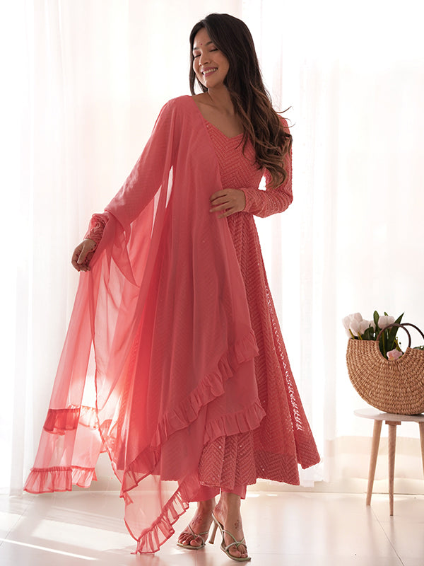 Lakhnavi Georgette Anarkali Gown With Pant & Dupatta Set