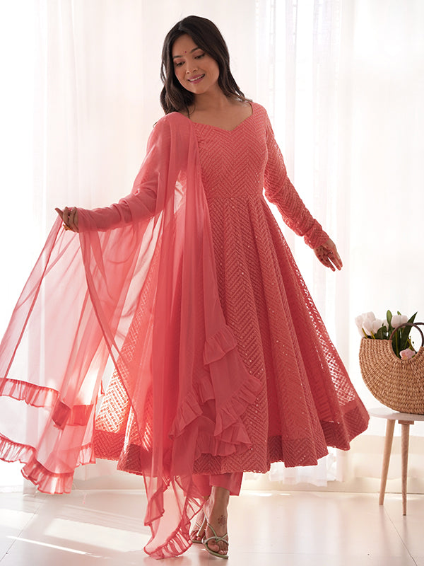 Lakhnavi Georgette Anarkali Gown With Pant & Dupatta Set