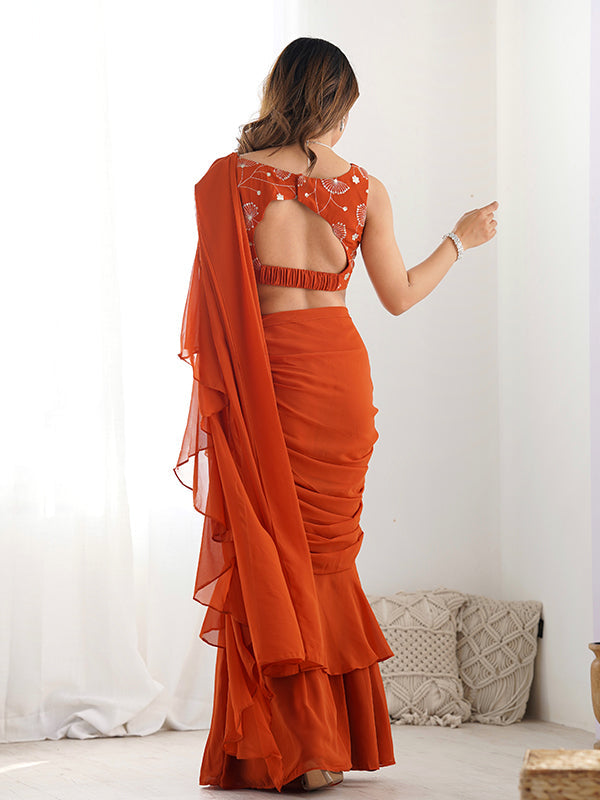 Rust Red Georgette Ready To Wear Sharara Saree