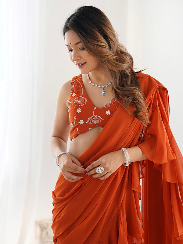 Rust Red Georgette Ready To Wear Sharara Saree