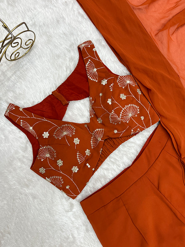 Rust Red Georgette Ready To Wear Sharara Saree