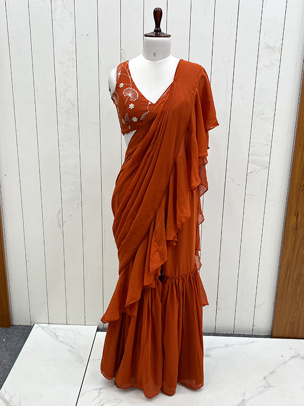 Rust Red Georgette Ready To Wear Sharara Saree