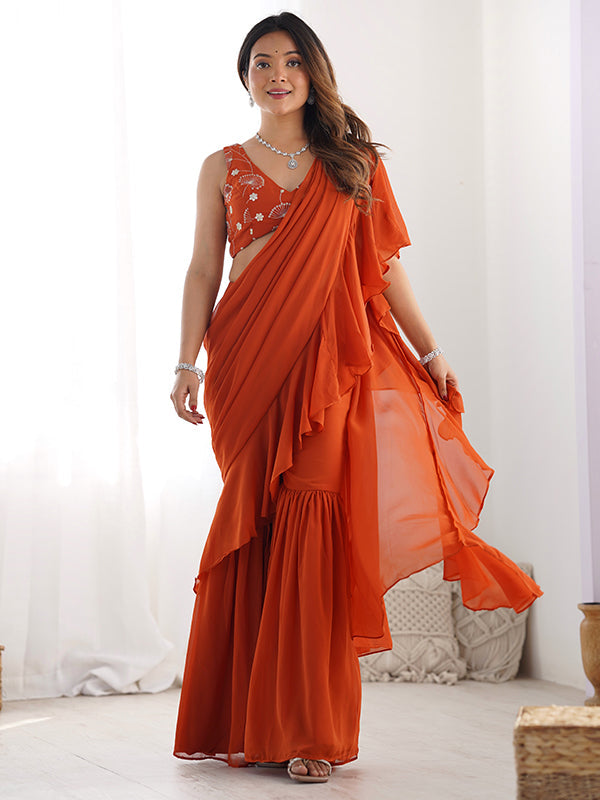 Rust Red Georgette Ready To Wear Sharara Saree