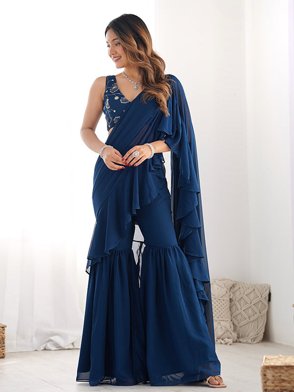 Teal Blue Georgette Ready To Wear Sharara Saree