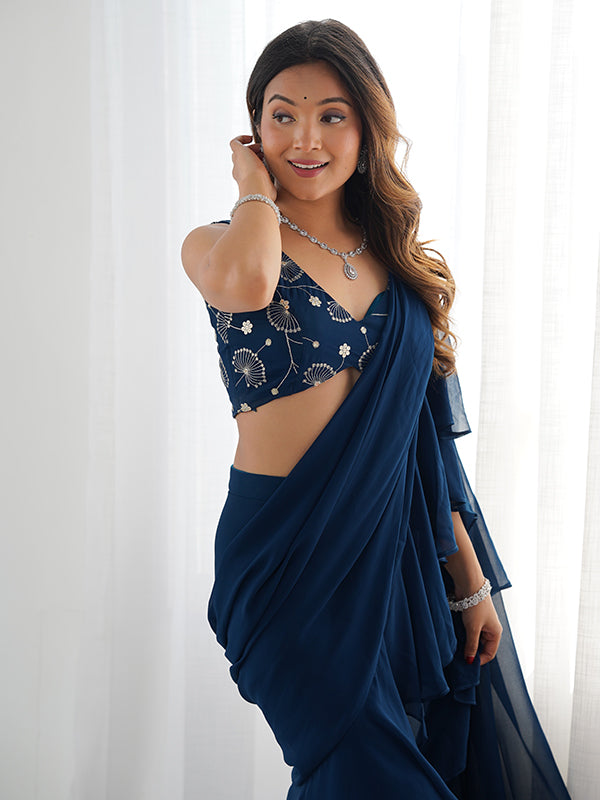 Teal Blue Georgette Ready To Wear Sharara Saree