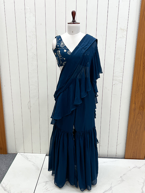 Teal Blue Georgette Ready To Wear Sharara Saree