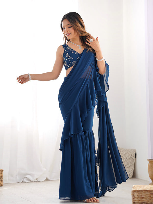 Teal Blue Georgette Ready To Wear Sharara Saree