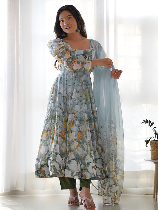 Grey Floral Printed Anarkali Gown With Pant & Dupatta Set