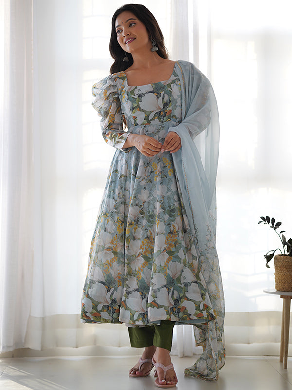 Grey Floral Printed Anarkali Gown With Pant & Dupatta Set