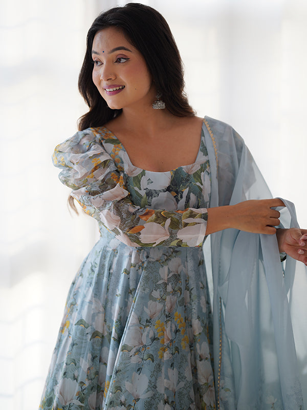 Grey Floral Printed Anarkali Gown With Pant & Dupatta Set