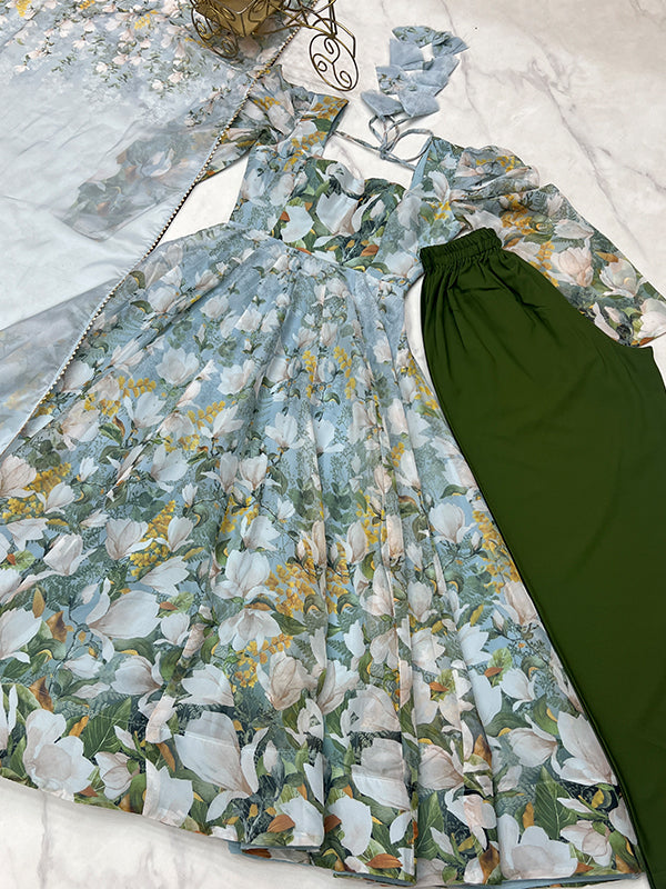 Grey Floral Printed Anarkali Gown With Pant & Dupatta Set