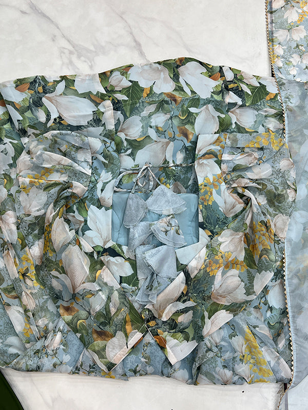Grey Floral Printed Anarkali Gown With Pant & Dupatta Set