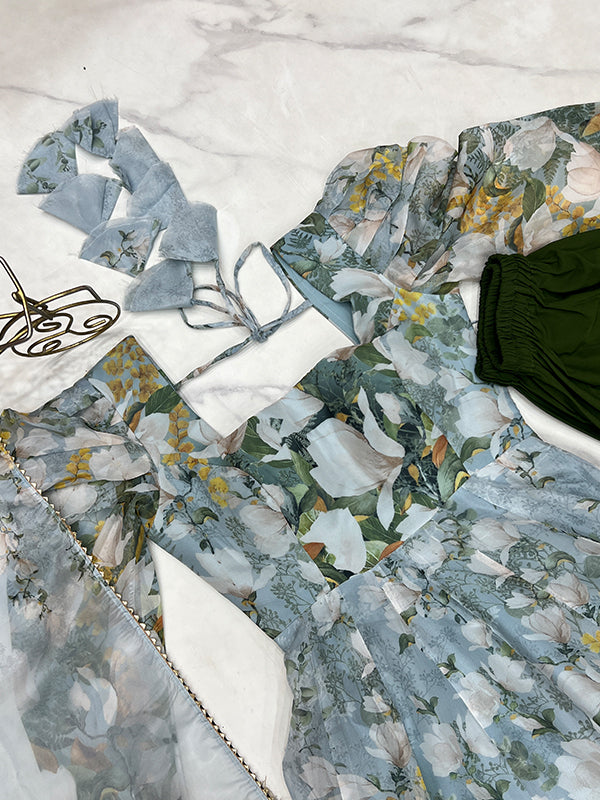 Grey Floral Printed Anarkali Gown With Pant & Dupatta Set