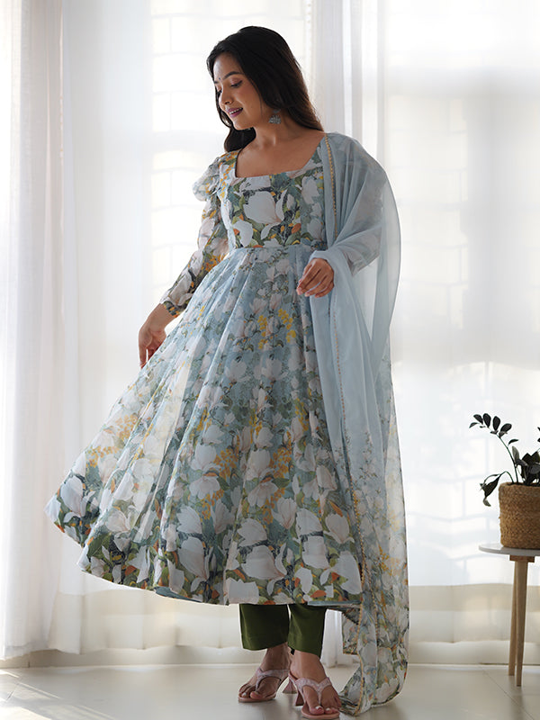 Grey Floral Printed Anarkali Gown With Pant & Dupatta Set