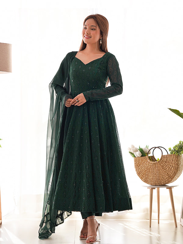 Dark Green Lucknowi Georgette Anarkali Suit Set