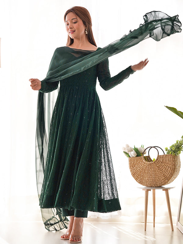 Dark Green Lucknowi Georgette Anarkali Suit Set
