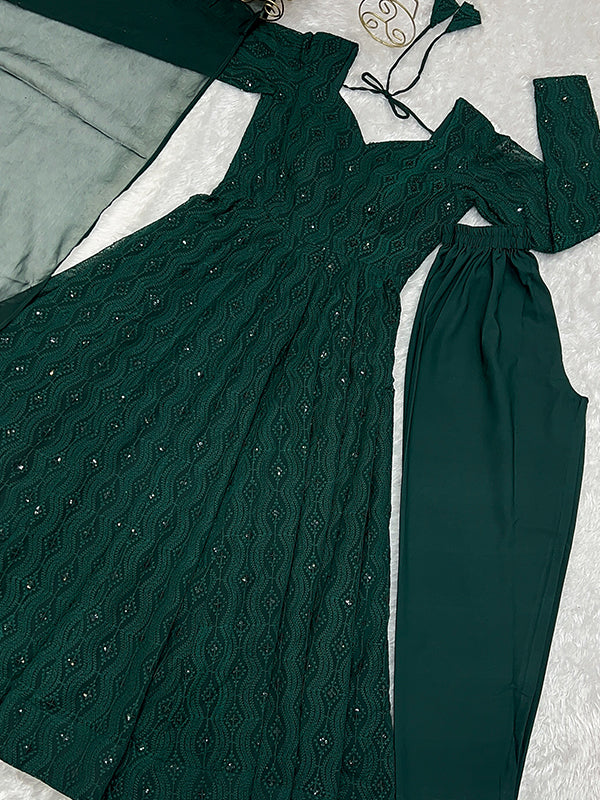 Dark Green Lucknowi Georgette Anarkali Suit Set