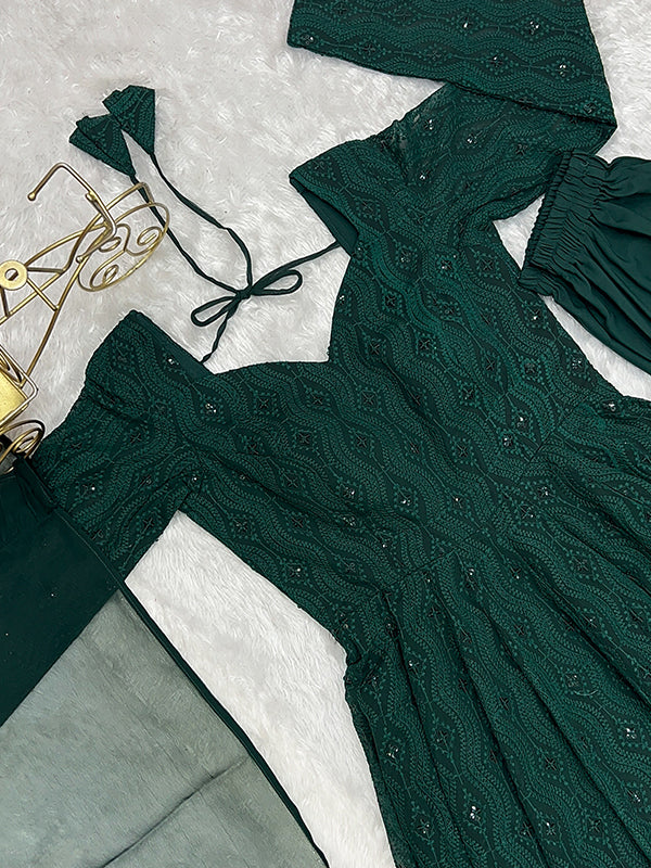 Dark Green Lucknowi Georgette Anarkali Suit Set
