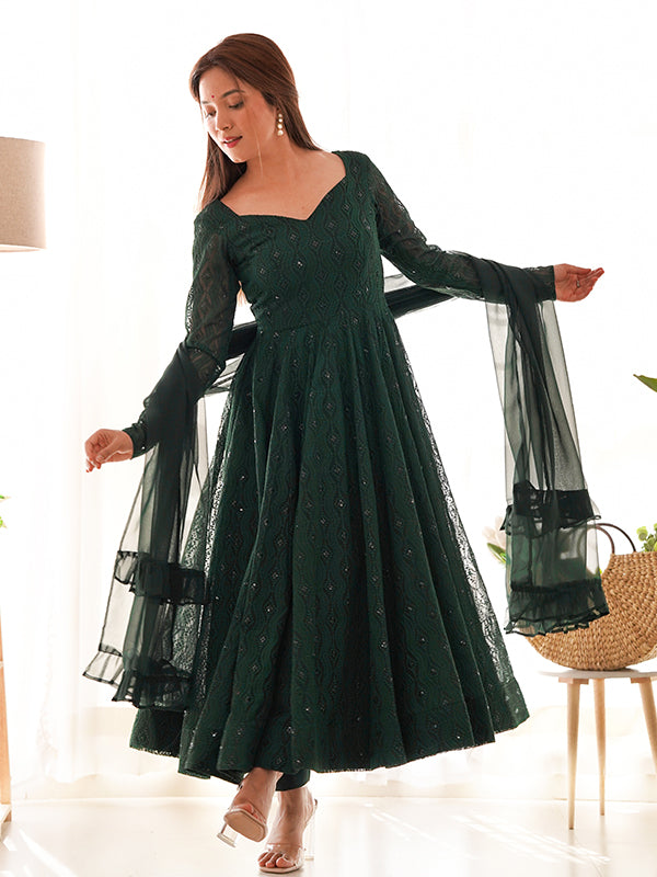 Dark Green Lucknowi Georgette Anarkali Suit Set