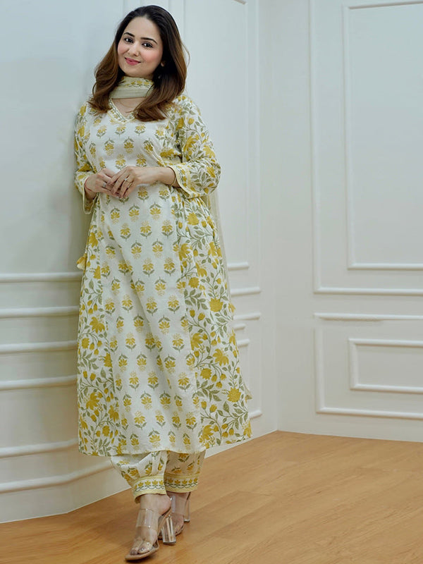 Yellow Cotton Afghani Kurti With Pant & Dupatta Set